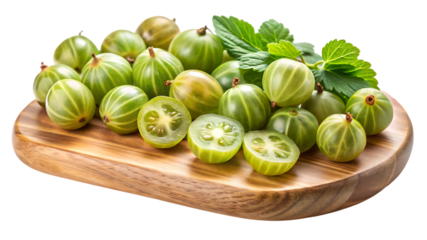 Fresh gooseberries and slices on a wooden cutting board healthy fruit harvest