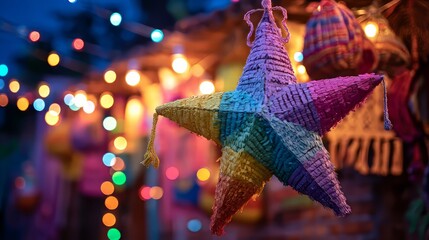 Vibrant las posadas celebration decoration featuring a traditional star piñata hanging against a warm festive lights background, showcasing colorful hispanic holiday decor and joyful mexican christmas