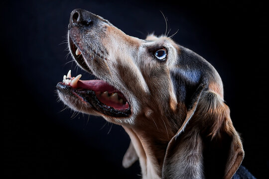 Artistic dog portrait highlighting the Bluetick Coonhound&rsquo;s unique coat pattern and expressive features.
