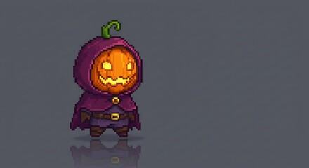 Pixel art of a miniature character with a pumpkin head and a dark hood/cloak. The design has an 8-bit or 16-bit game style, with a gray background and a slight reflection below the character.