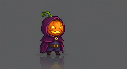 Pixel art of a miniature character with a pumpkin head and a dark hood/cloak. The design has an 8-bit or 16-bit game style, with a gray background and a slight reflection below the character.