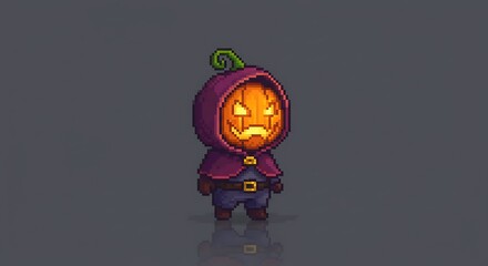Pixel art of a miniature character with a pumpkin head and a dark hood/cloak. The design has an 8-bit or 16-bit game style, with a gray background and a slight reflection below the character.