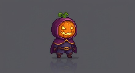 Pixel art of a miniature character with a pumpkin head and a dark hood/cloak. The design has an 8-bit or 16-bit game style, with a gray background and a slight reflection below the character.