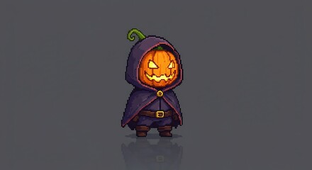 Pixel art of a miniature character with a pumpkin head and a dark hood/cloak. The design has an 8-bit or 16-bit game style, with a gray background and a slight reflection below the character.