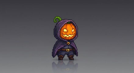 Pixel art of a miniature character with a pumpkin head and a dark hood/cloak. The design has an 8-bit or 16-bit game style, with a gray background and a slight reflection below the character.