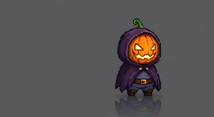 Pixel art of a miniature character with a pumpkin head and a dark hood/cloak. The design has an 8-bit or 16-bit game style, with a gray background and a slight reflection below the character.