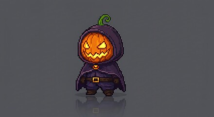 Pixel art of a miniature character with a pumpkin head and a dark hood/cloak. The design has an 8-bit or 16-bit game style, with a gray background and a slight reflection below the character.