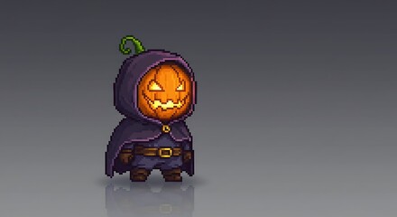 Pixel art of a miniature character with a pumpkin head and a dark hood/cloak. The design has an 8-bit or 16-bit game style, with a gray background and a slight reflection below the character.
