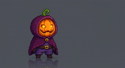 Pixel art of a miniature character with a pumpkin head and a dark hood/cloak. The design has an 8-bit or 16-bit game style, with a gray background and a slight reflection below the character.