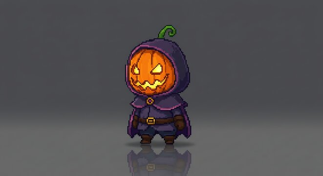 Pixel art of a miniature character with a pumpkin head and a dark hood/cloak. The design has an 8-bit or 16-bit game style, with a gray background and a slight reflection below the character.