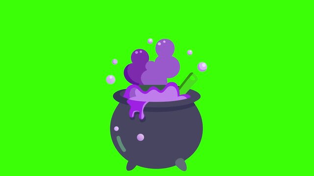 a flat-style Halloween icon of a bubbling cauldron with purple smoke swirling out, no background.