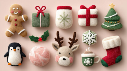 Handmade Felt Christmas 3D Elements Collection – Kawaii Needle Felt Decorations on White Background