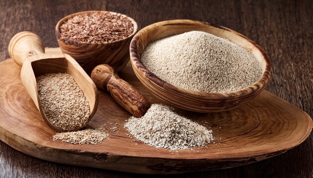 psyllium seeds and psyllium husks on olive wood