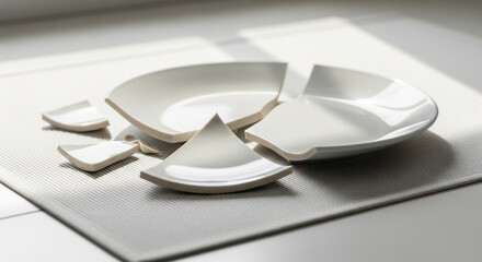 White Ceramic Plate Shattered into Pieces on Light Tablecloth
A bright, high-key image featuring a white ceramic plate broken into several sharp, angular pieces, including one prominent triangular 
