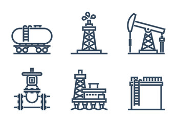 Oil and gas industry bold icons. Drilling, production, transportation, storage