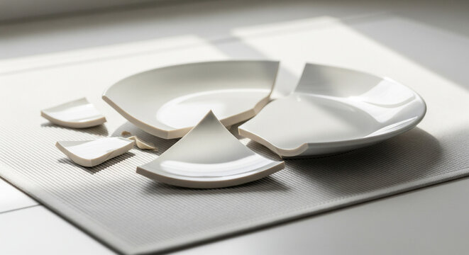 White Ceramic Plate Shattered into Pieces on Light Tablecloth
A bright, high-key image featuring a white ceramic plate broken into several sharp, angular pieces, including one prominent triangular 
