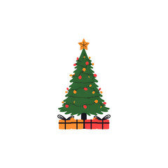 Fototapeta premium A beautifully decorated Christmas tree with a shining star, colorful lights, and presents underneath, embodying the joy of the holiday season
