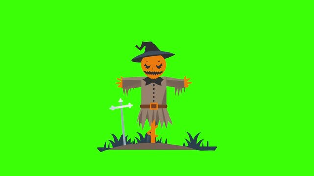 a flat-style Halloween icon of a spooky scarecrow in a dark field with a stitched face and straw arms, no background.
