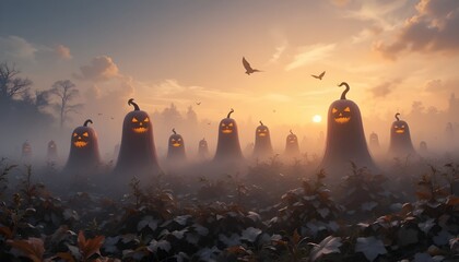 A field of ghostly pumpkin figures basks in the warm glow of a halloween sunrise