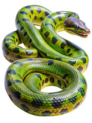 Obraz premium Striking green anaconda serpent coiled displaying vibrant scales and patterns isolated for detail study