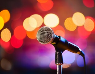 Obraz premium microphone on a stand up comedy stage with colorful bokeh high contrast image