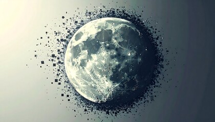 A luminous full moon against a gray backdrop, surrounded by fragmented squares. The orb's detailed surface reflects light