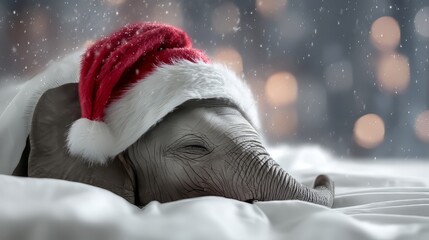 Adorable baby elephant wearing santa hat sleeping peacefully on soft white sheet with blurred christmas lights background, festive holiday animal scene for cozy winter decor and cute seasonal design c