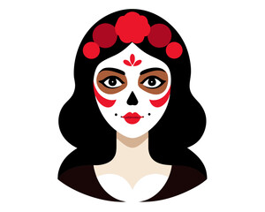 Catrina Makeup Woman Portrait Vector, Painted Face Skeleton Girl with Roses, Mexican Culture Art isolated on white background