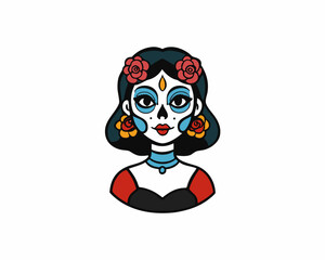 Catrina Makeup Woman Portrait Vector, Painted Face Skeleton Girl with Roses, Mexican Culture Art isolated on white background