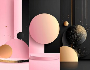 Elegant Abstract 3D Geometric Composition Pink Gold Black Modern Background.
