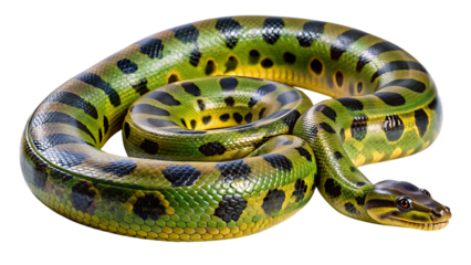 Detailed realistic image of a green anaconda snake coiled against a