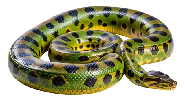 Detailed realistic image of a green anaconda snake coiled against a