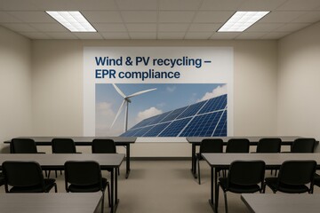 Empty training room displays banner promoting wind and solar recycling compliance and extended producer responsibility