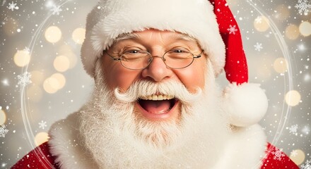 Close-up of a joyful Santa Claus laughing warmly, wearing glasses and a red hat, surrounded by golden Christmas lights and a festive glow.
