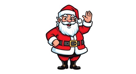 Cartoon Santa Claus smiling and waving cheerfully, dressed in his classic red suit with a black belt, white beard, and hat, standing on a white background.