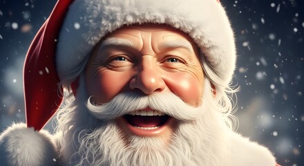 Close-up of a joyful Santa Claus laughing warmly, his white beard and red hat dusted with snowflakes, glowing with Christmas cheer and holiday magic.