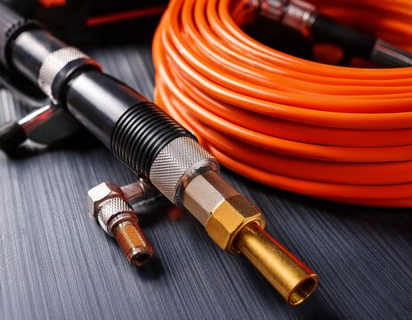 an orange air hose with an hose coupling closeup detail of air compressor hose and pistol - Powered by Adobe