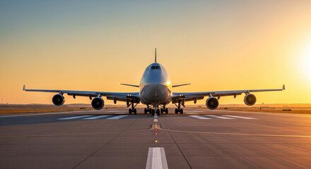 Iconic Jumbo Jet Facing Camera on Runway at Sunset
A dramatic, centered, head-on view of a large, four-engine commercial airliner, resembling a Boeing 747 'Jumbo Jet', positioned squarely on an airpor