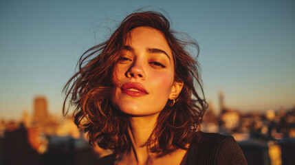 confident young woman with tousled hair gazes into the camera, bathed in the golden light of sunset atop a rooftop with a blurred cityscape in the background