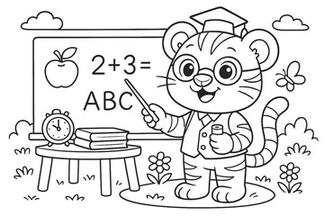 Fototapeta premium A charming cartoon tiger teacher in glasses and cap points to a blackboard with math and ABC.