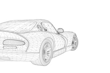Wireframe model of a sports car featuring detailed headlights, grille, and wheels on a clean white background.