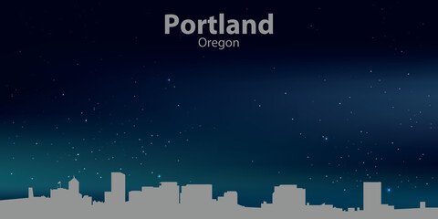 Silhouette of the city of Portland, Oregon, against a night sky with stars. The names “Portland” and “Oregon” are written in white text at the top of the image. © Dima