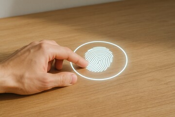 A hand pressing a glowing white fingerprint icon on a wooden surface, indicating secure access through biometric technology