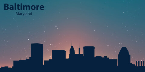 Fototapeta premium Silhouette of Baltimore, Maryland, against an evening sky with a gradient from pink to blue. Stars are visible in the sky, and below are the outlines of buildings forming the city skyline.
