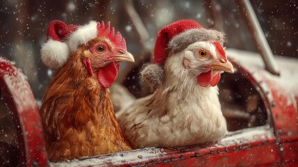 Funny two chickens wearing christmas hats sitting in a vintage red airplane, humorous holiday animal scene with festive birds and retro aviation christmas concept