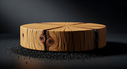 Rustic wooden log slice podium on dark textured surface