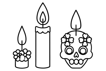 Burning Candle Vector Set, Colorful Day of the Dead Candles with Flowers and Skulls 
