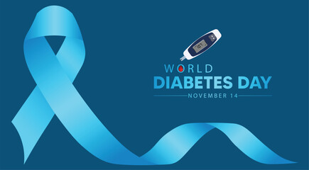 World Diabetes Day poster with blue ribbon and glucometer on background