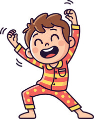Cartoon child dancing in colorful pajamas, joyful expression, bedtime or morning routine, playful movement, striped and polka dot outfit, vector illustration