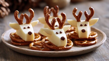 Funny christmas snack in the shape of a reindeer made from cheese and pretzels, creative holiday food idea for kids party, festive new year appetizer design with cute and playful presentation for fami